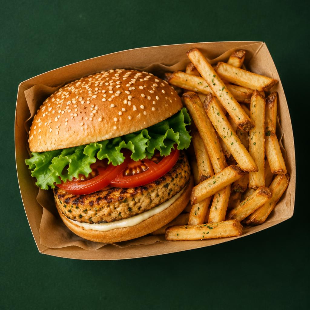 Veganski tofu burger sa pomfritom