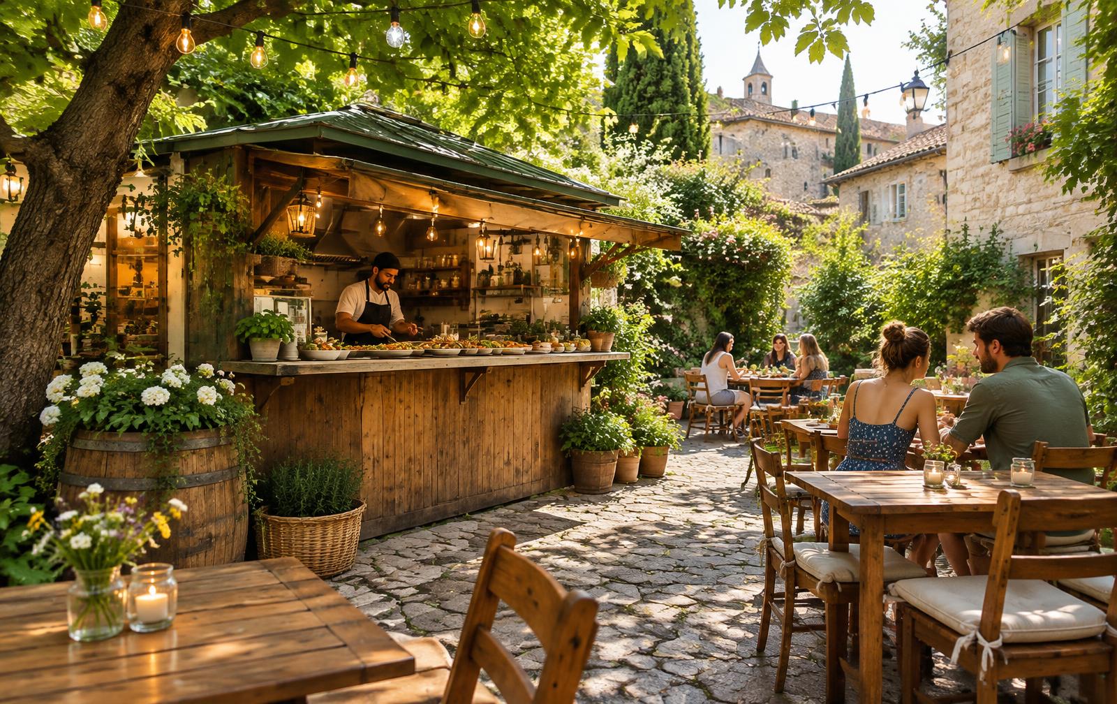 Bašta restorana sa drvenim stolovima